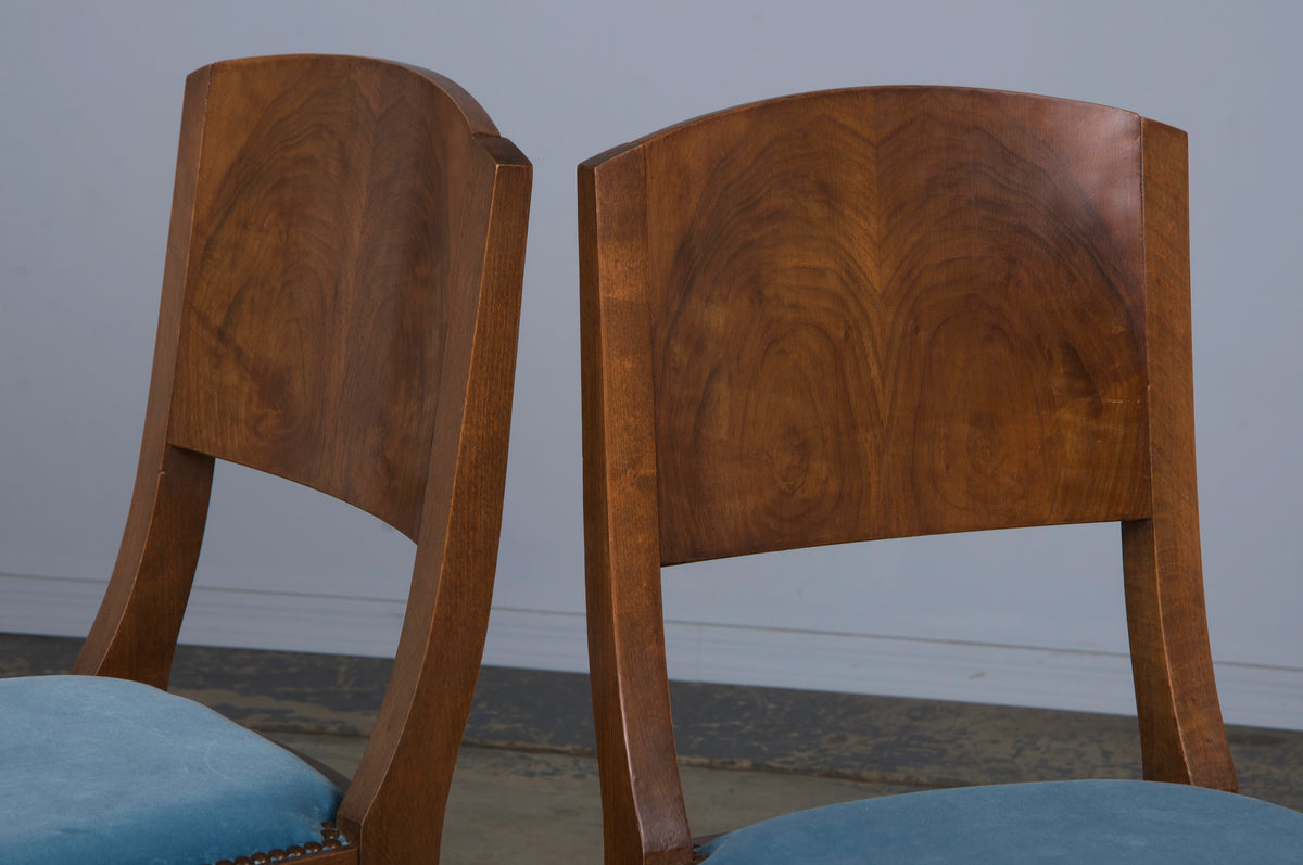 1950s French Art Deco Maple Dining Chairs W/ Blue Velvet - Set of 6