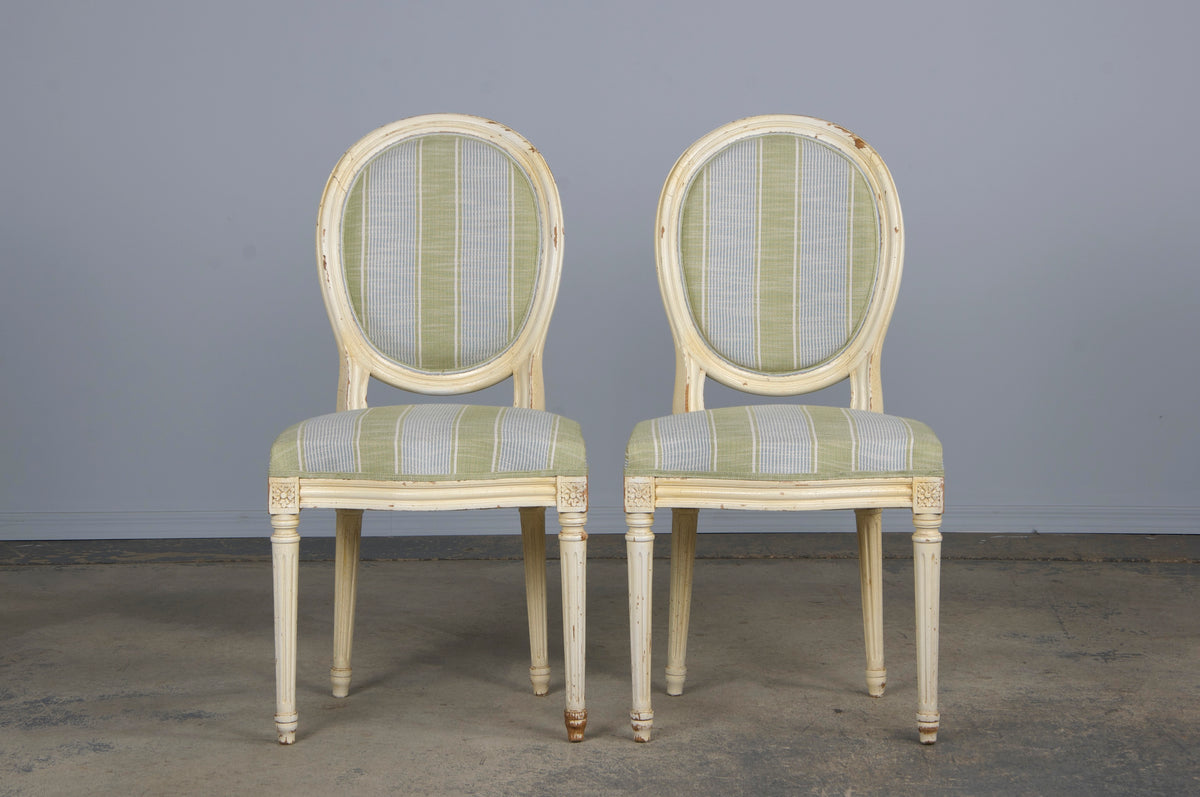 French Louis XVI Style Painted Dining Chairs W/ Striped Green and Blue Linen - Set of 6