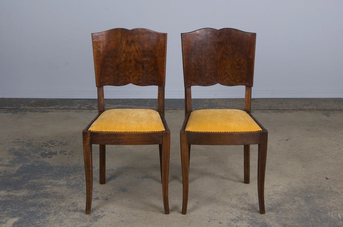 1950s French Art Deco Maple Dining Chairs W/ Golden Yellow Velvet - Set of 6