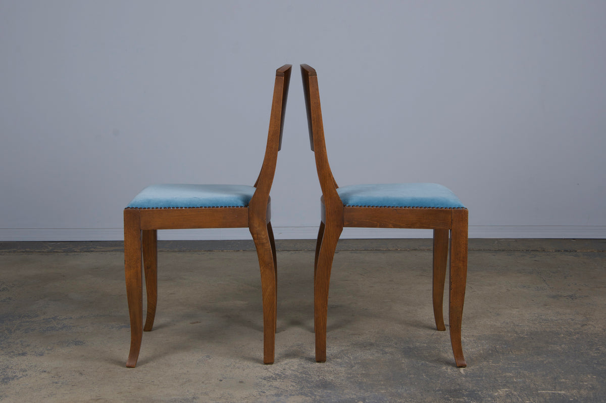 1950s French Art Deco Maple Dining Chairs W/ Blue Velvet - Set of 6