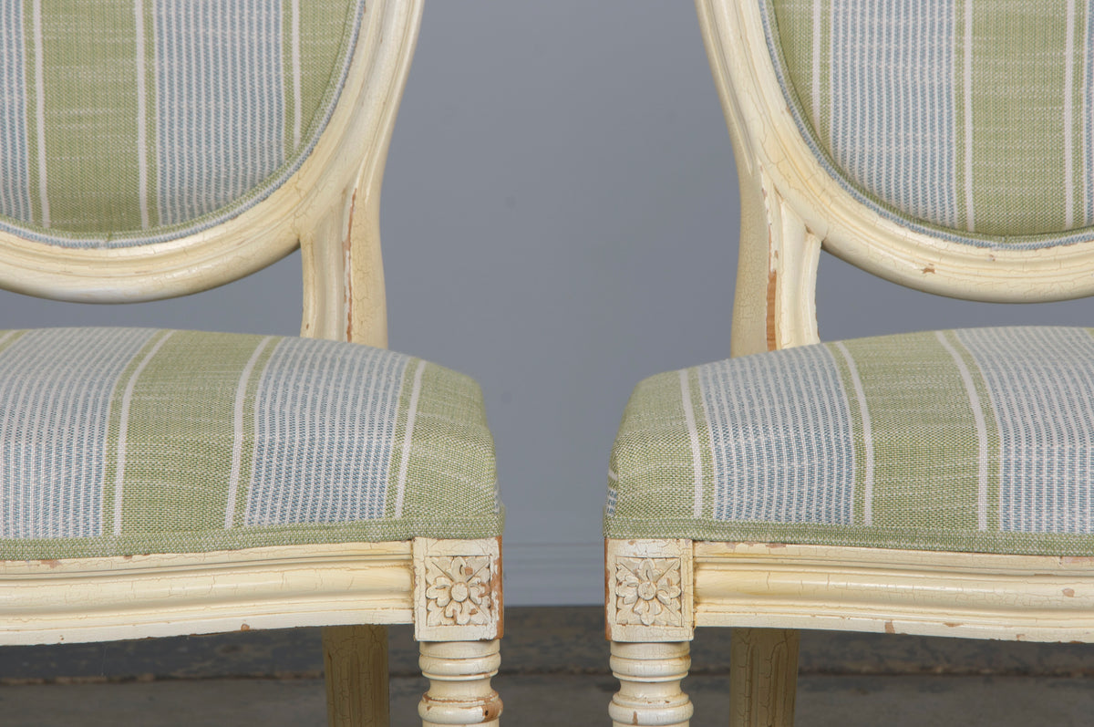 French Louis XVI Style Painted Dining Chairs W/ Striped Green and Blue Linen - Set of 6