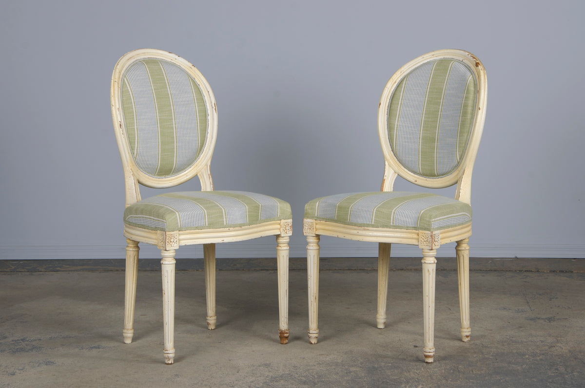 French Louis XVI Style Painted Dining Chairs W/ Striped Green and Blue Linen - Set of 6