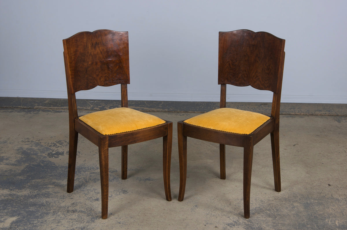 1950s French Art Deco Maple Dining Chairs W/ Golden Yellow Velvet - Set of 6