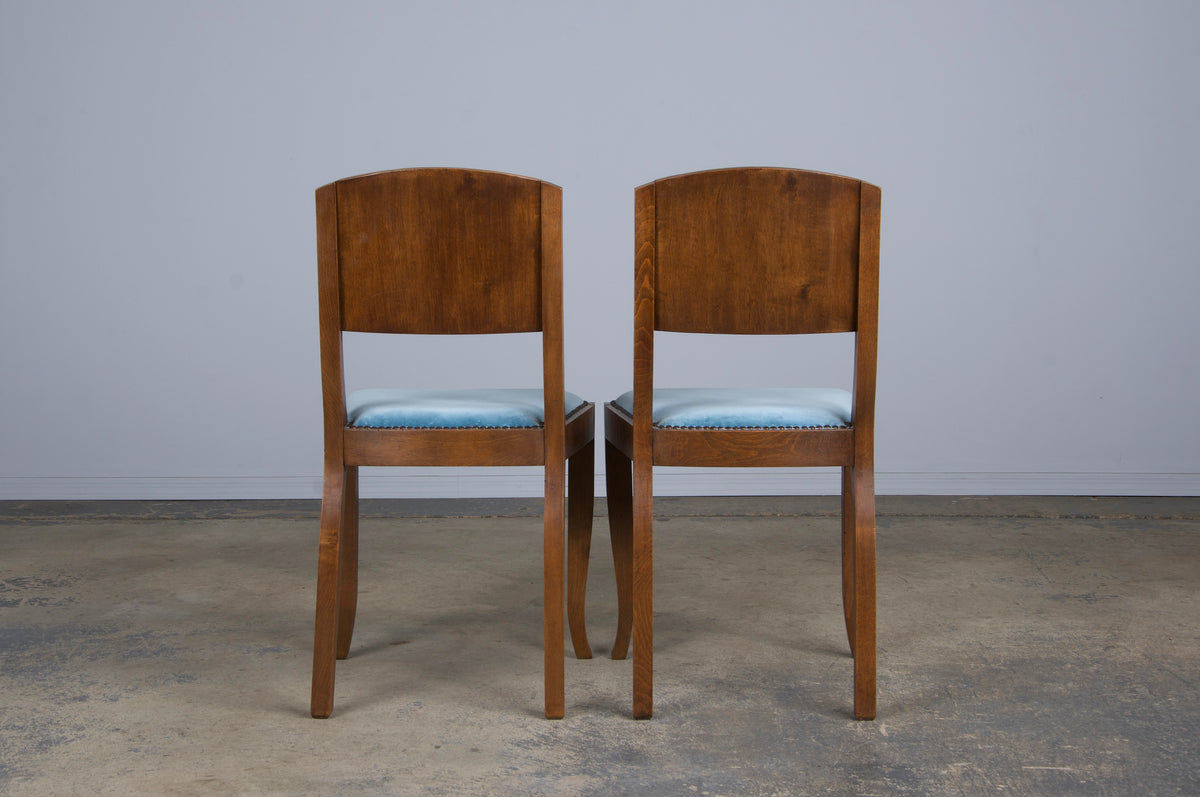 1950s French Art Deco Maple Dining Chairs W/ Blue Velvet - Set of 6