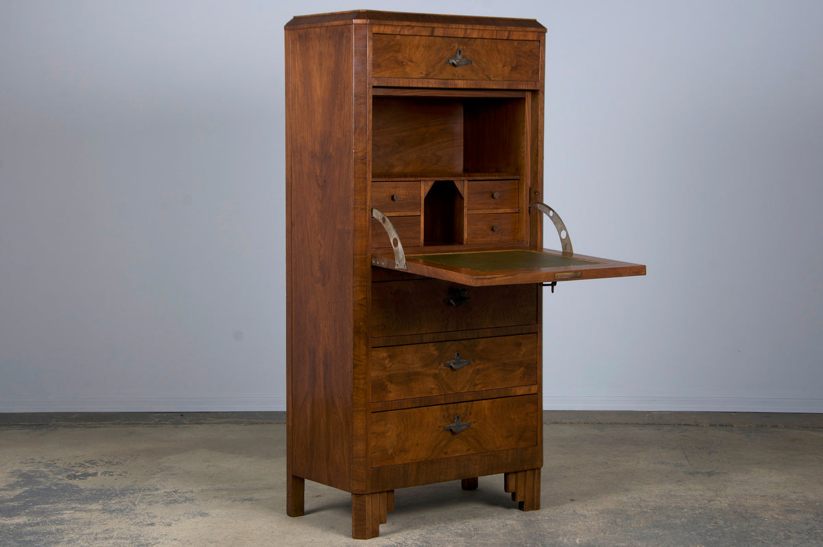 ON HOLD 1930s French Art Deco Burl Walnut Secretary Desk Cabinet