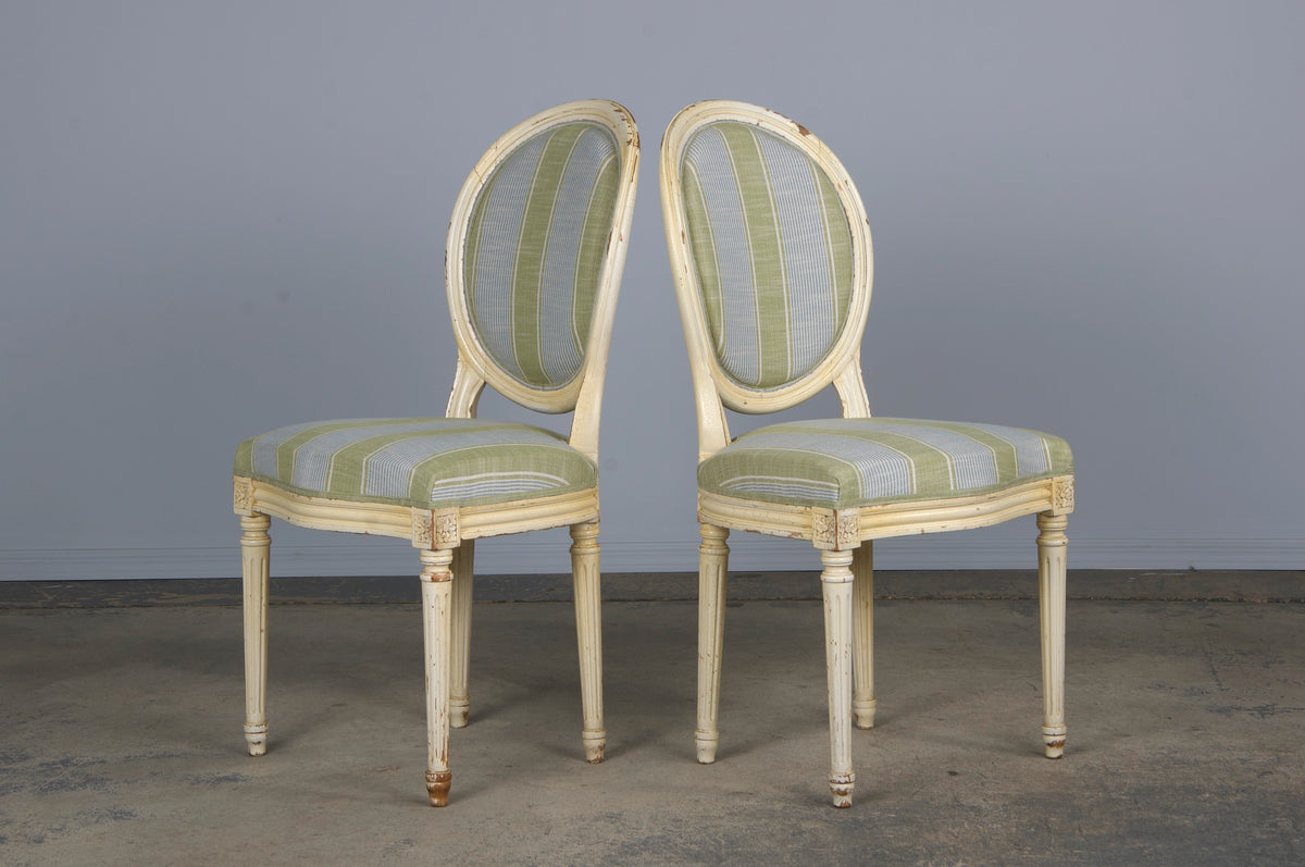 French Louis XVI Style Painted Dining Chairs W/ Striped Green and Blue Linen - Set of 6