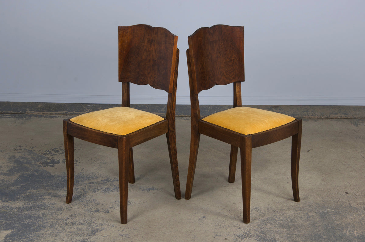 1950s French Art Deco Maple Dining Chairs W/ Golden Yellow Velvet - Set of 6