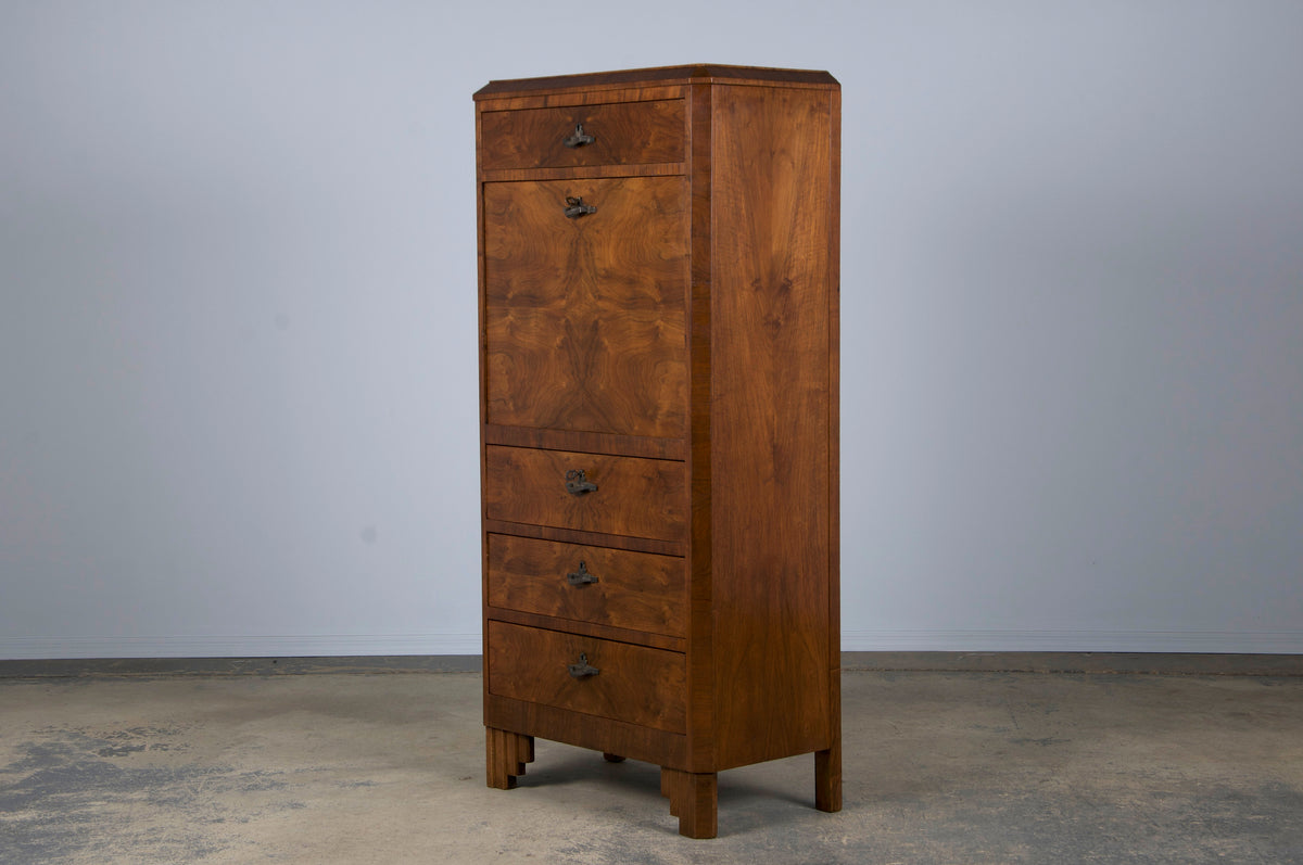 ON HOLD 1930s French Art Deco Burl Walnut Secretary Desk Cabinet