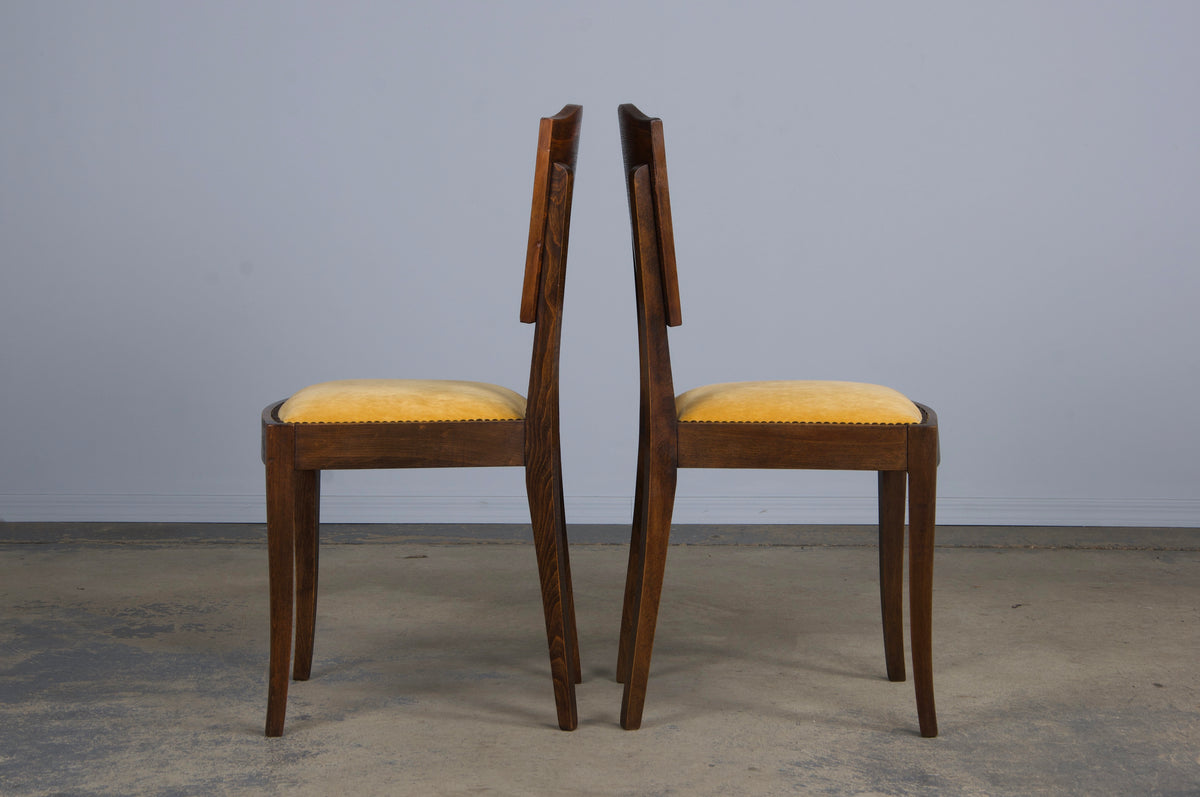 1950s French Art Deco Maple Dining Chairs W/ Golden Yellow Velvet - Set of 6