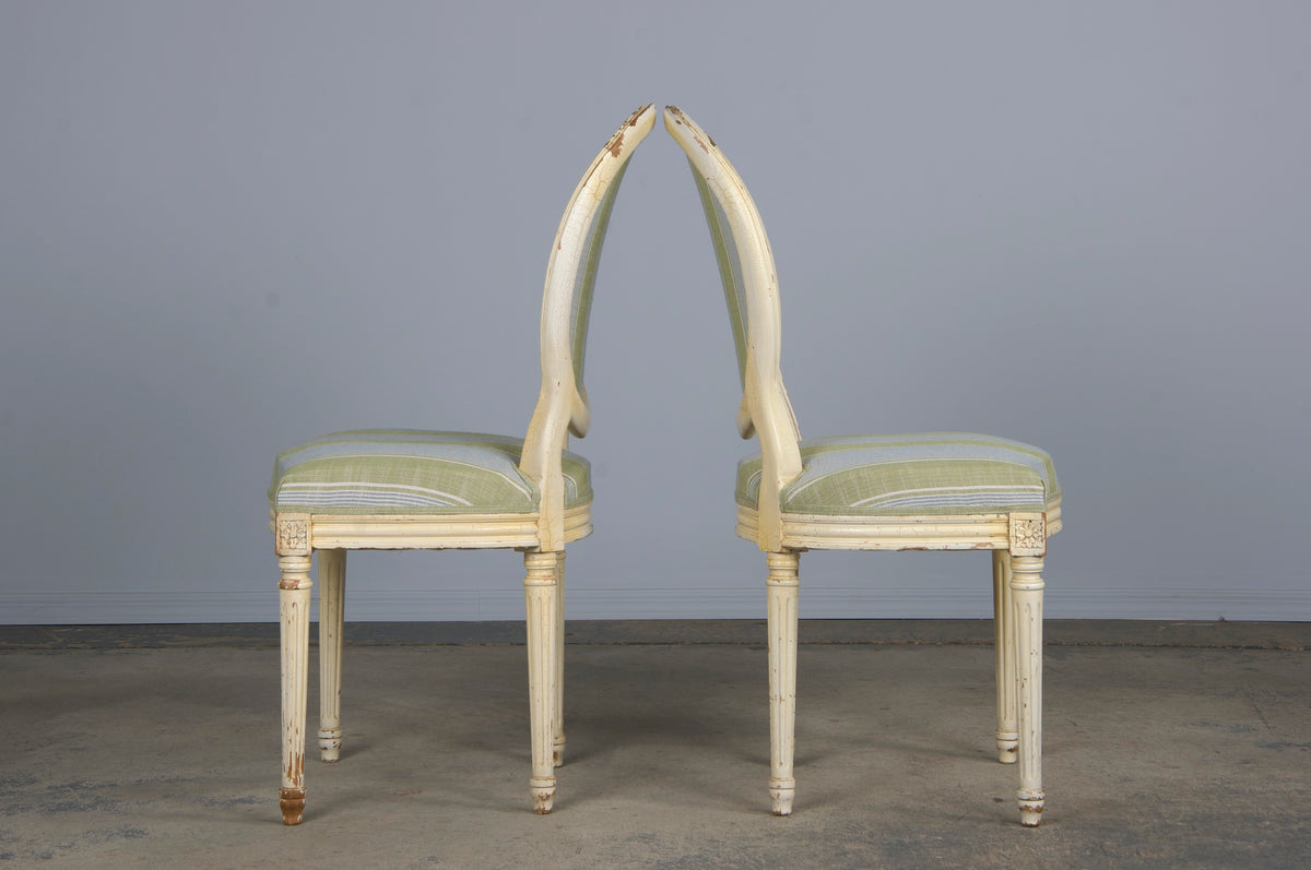 French Louis XVI Style Painted Dining Chairs W/ Striped Green and Blue Linen - Set of 6