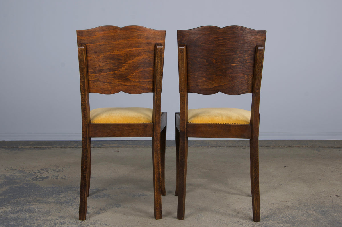 1950s French Art Deco Maple Dining Chairs W/ Golden Yellow Velvet - Set of 6