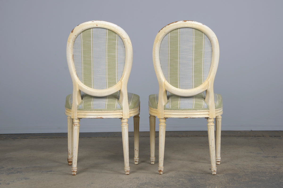 French Louis XVI Style Painted Dining Chairs W/ Striped Green and Blue Linen - Set of 6