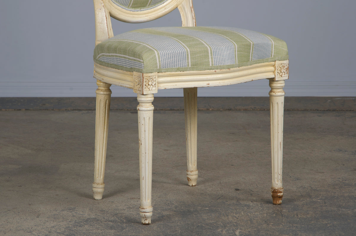 French Louis XVI Style Painted Dining Chairs W/ Striped Green and Blue Linen - Set of 6