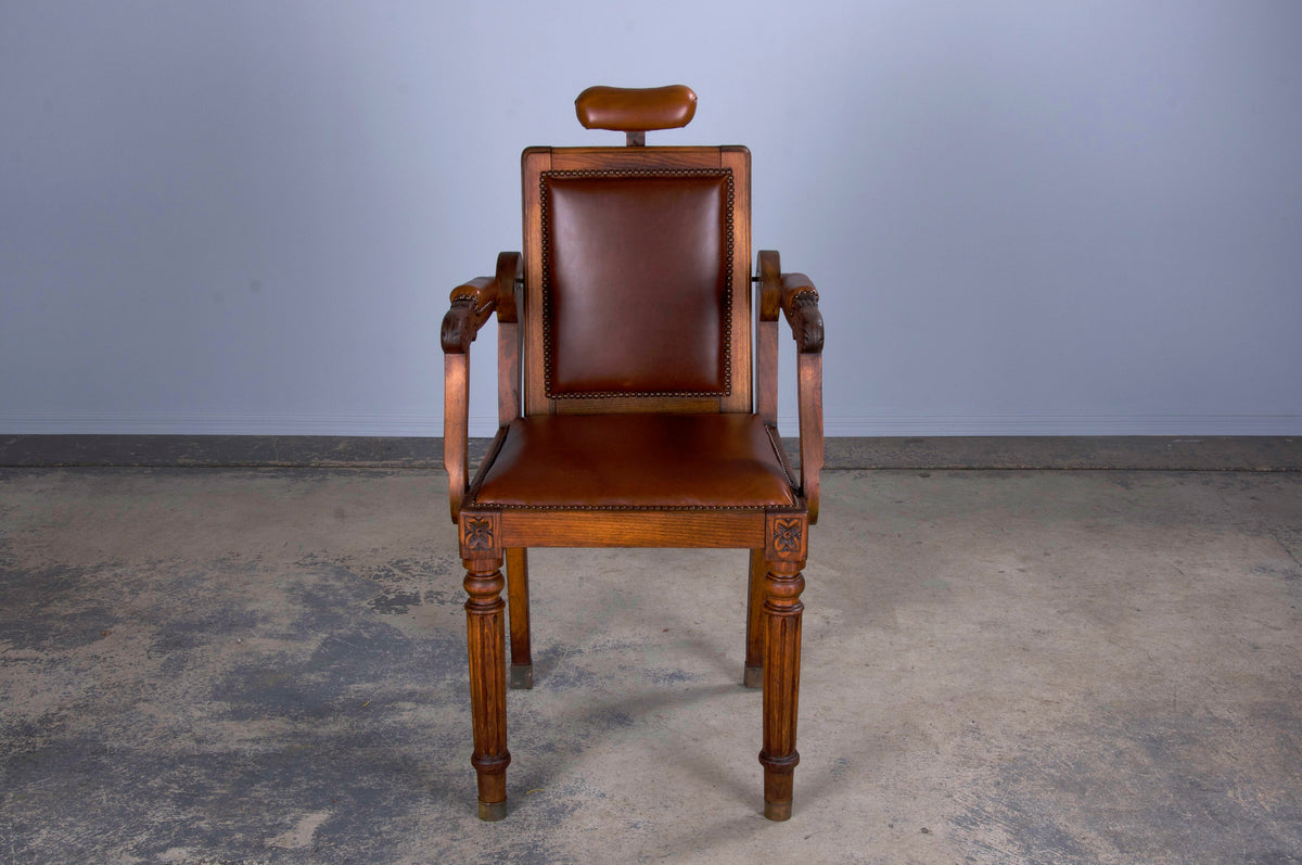 Antique French Louis XVI Style Oak Barber Chair W/ Brown Leather