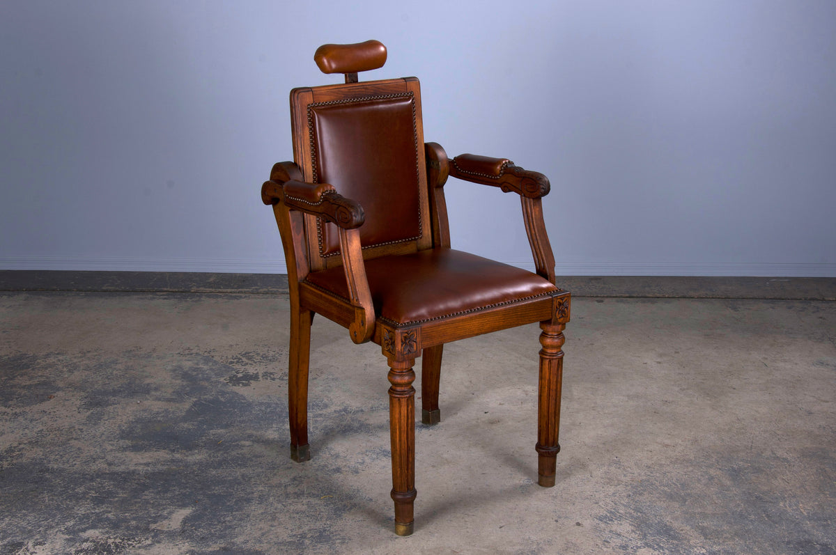 Antique French Louis XVI Style Oak Barber Chair W/ Brown Leather