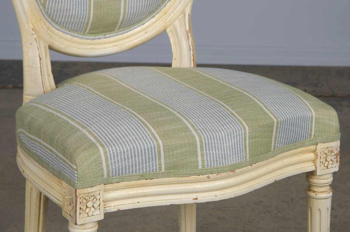 French Louis XVI Style Painted Dining Chairs W/ Striped Green and Blue Linen - Set of 6