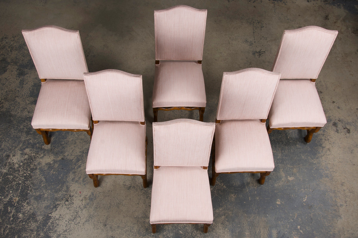 Antique French Louis XIII Style Os De Mouton Oak Dining Chairs W/ Striped Blush Pink Chenille- Set of 6