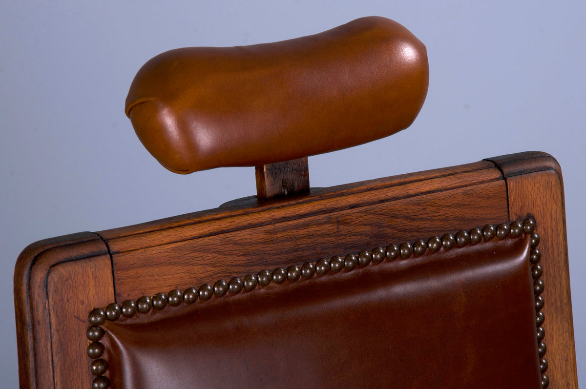 Antique French Louis XVI Style Oak Barber Chair W/ Brown Leather