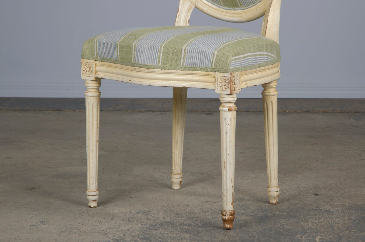 French Louis XVI Style Painted Dining Chairs W/ Striped Green and Blue Linen - Set of 6