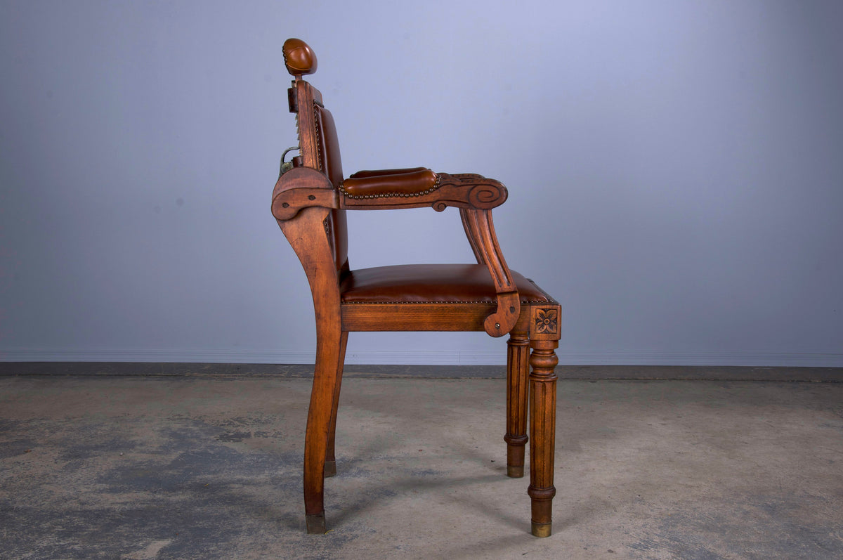 Antique French Louis XVI Style Oak Barber Chair W/ Brown Leather