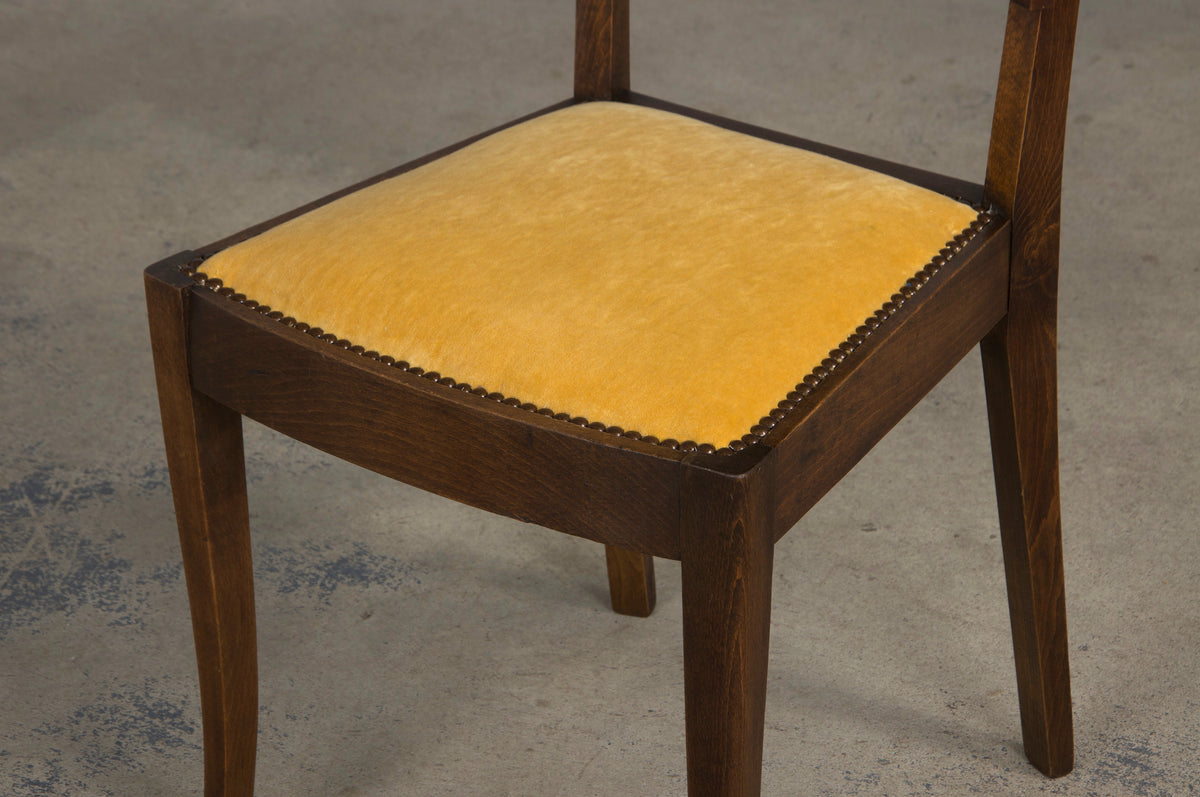 1950s French Art Deco Maple Dining Chairs W/ Golden Yellow Velvet - Set of 6