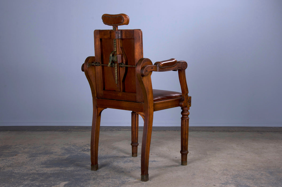 Antique French Louis XVI Style Oak Barber Chair W/ Brown Leather