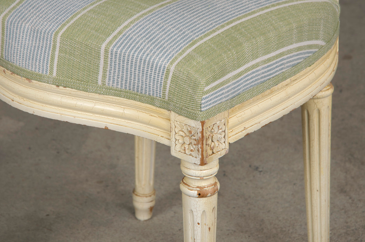 French Louis XVI Style Painted Dining Chairs W/ Striped Green and Blue Linen - Set of 6