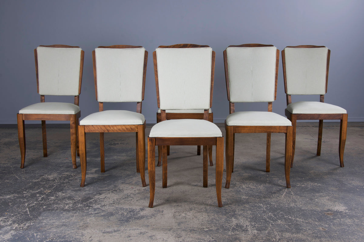 1930s French Art Deco Maple Dining Chairs W/ Striped White and Green Fabric - Set of 6