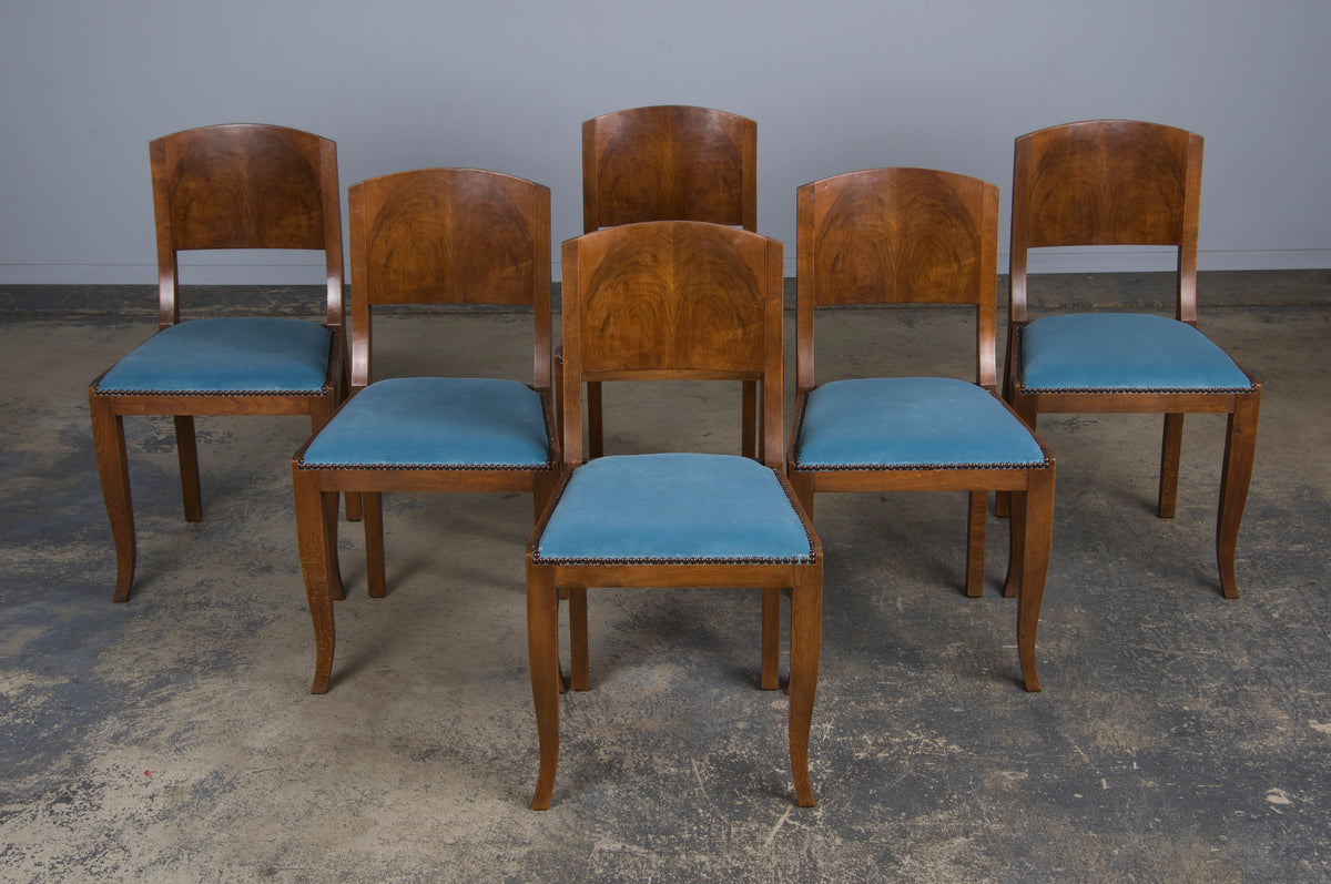 1950s French Art Deco Maple Dining Chairs W/ Blue Velvet - Set of 6