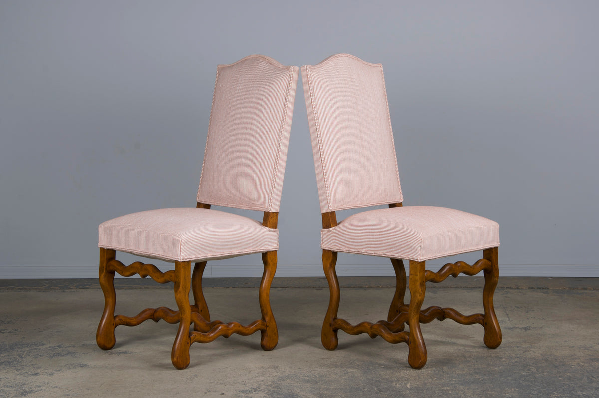 Antique French Louis XIII Style Os De Mouton Oak Dining Chairs W/ Striped Blush Pink Chenille- Set of 6