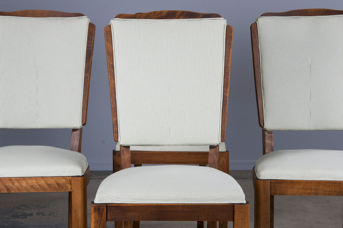 1930s French Art Deco Maple Dining Chairs W/ Striped White and Green Fabric - Set of 6