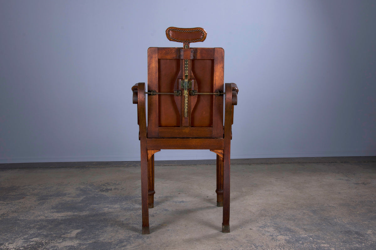 Antique French Louis XVI Style Oak Barber Chair W/ Brown Leather