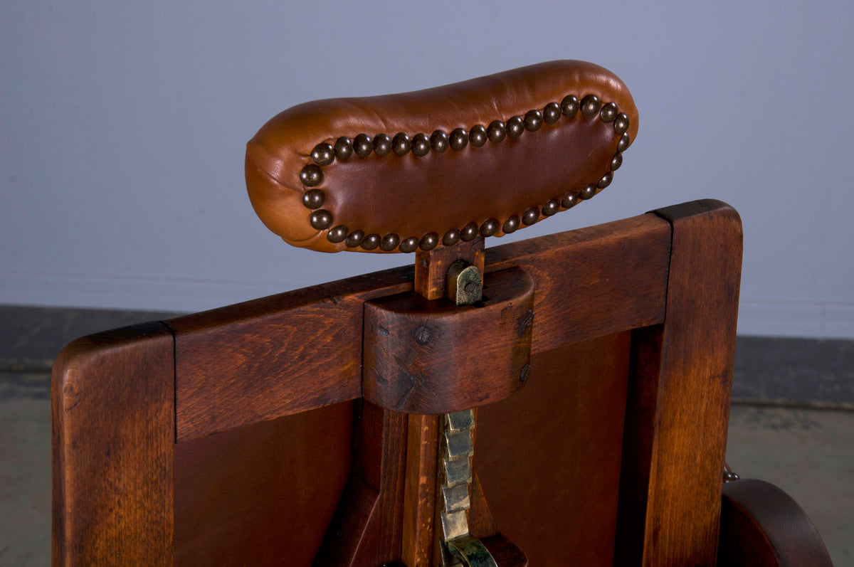 Antique French Louis XVI Style Oak Barber Chair W/ Brown Leather