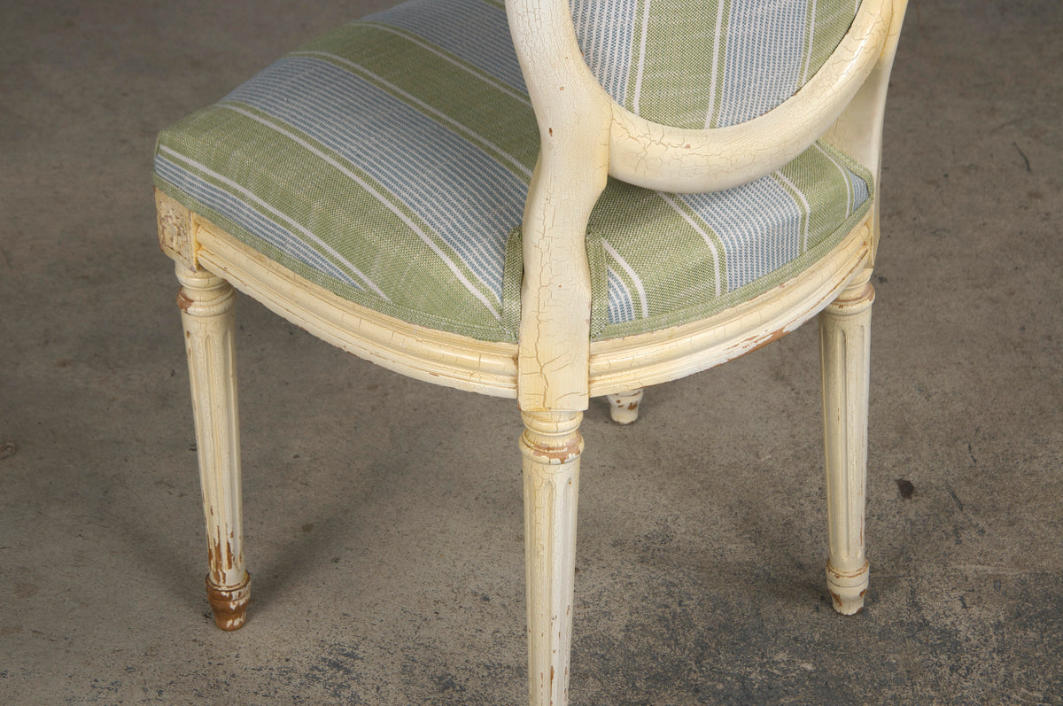 French Louis XVI Style Painted Dining Chairs W/ Striped Green and Blue Linen - Set of 6