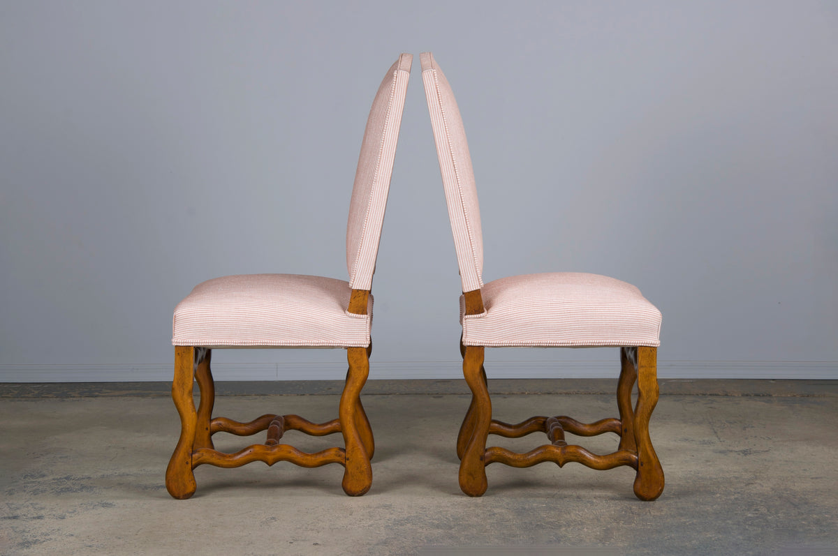 Antique French Louis XIII Style Os De Mouton Oak Dining Chairs W/ Striped Blush Pink Chenille- Set of 6