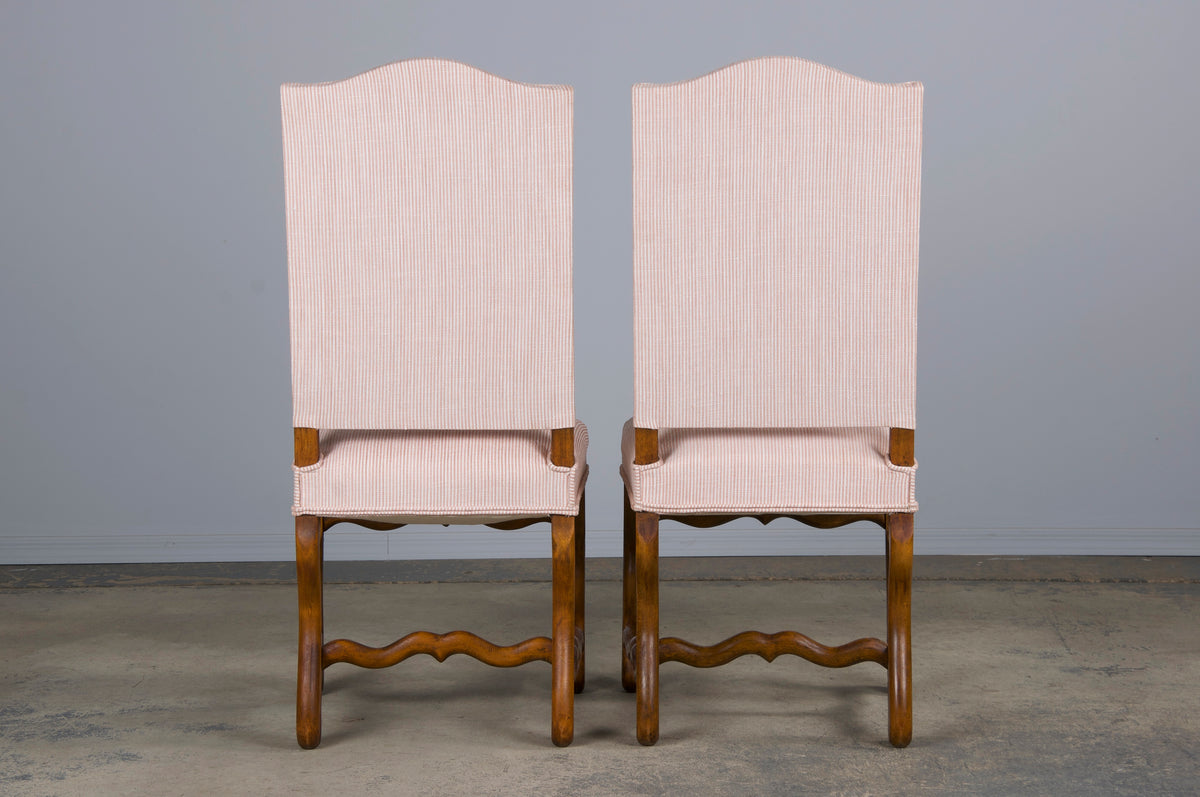 Antique French Louis XIII Style Os De Mouton Oak Dining Chairs W/ Striped Blush Pink Chenille- Set of 6