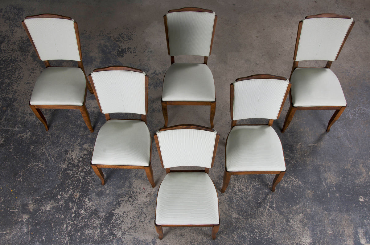 1930s French Art Deco Maple Dining Chairs W/ Striped White and Green Fabric - Set of 6