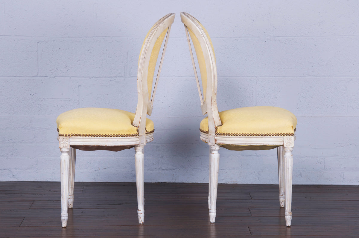 Antique French Louis XVI Painted Dining Chairs W/ Yellow Silk - Set of 4