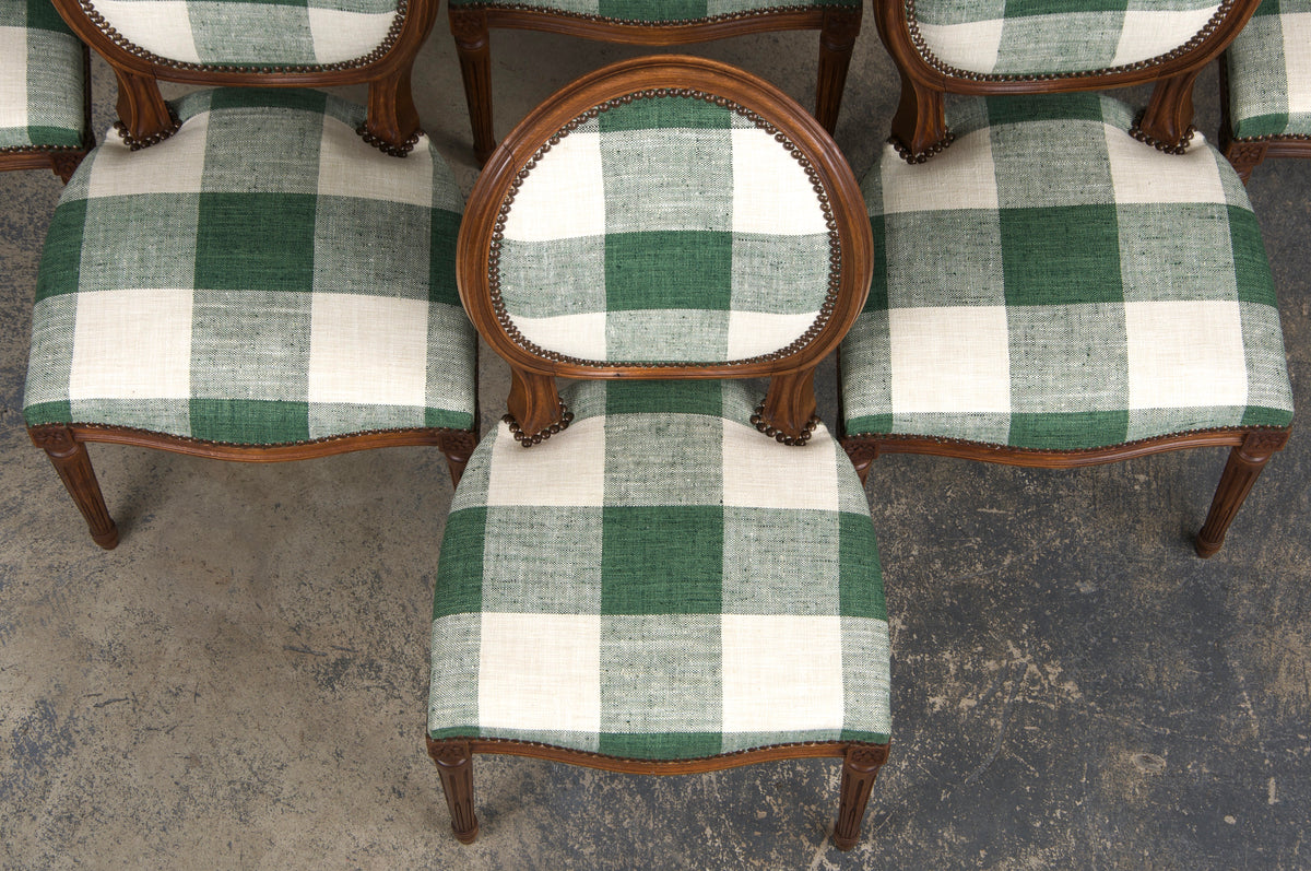 French Louis XVI Style Maple Dining Chairs W/ Green Plaid Fabric - Set of 6