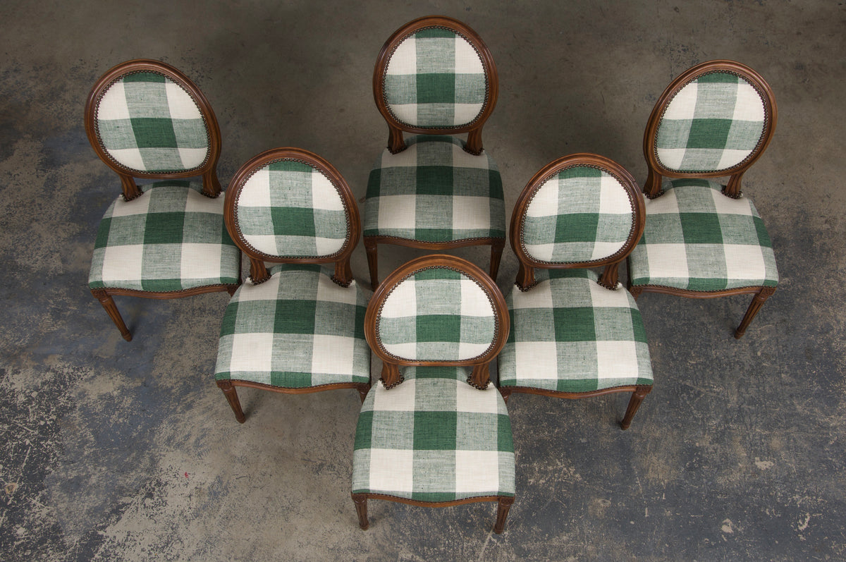 French Louis XVI Style Maple Dining Chairs W/ Green Plaid Fabric - Set of 6