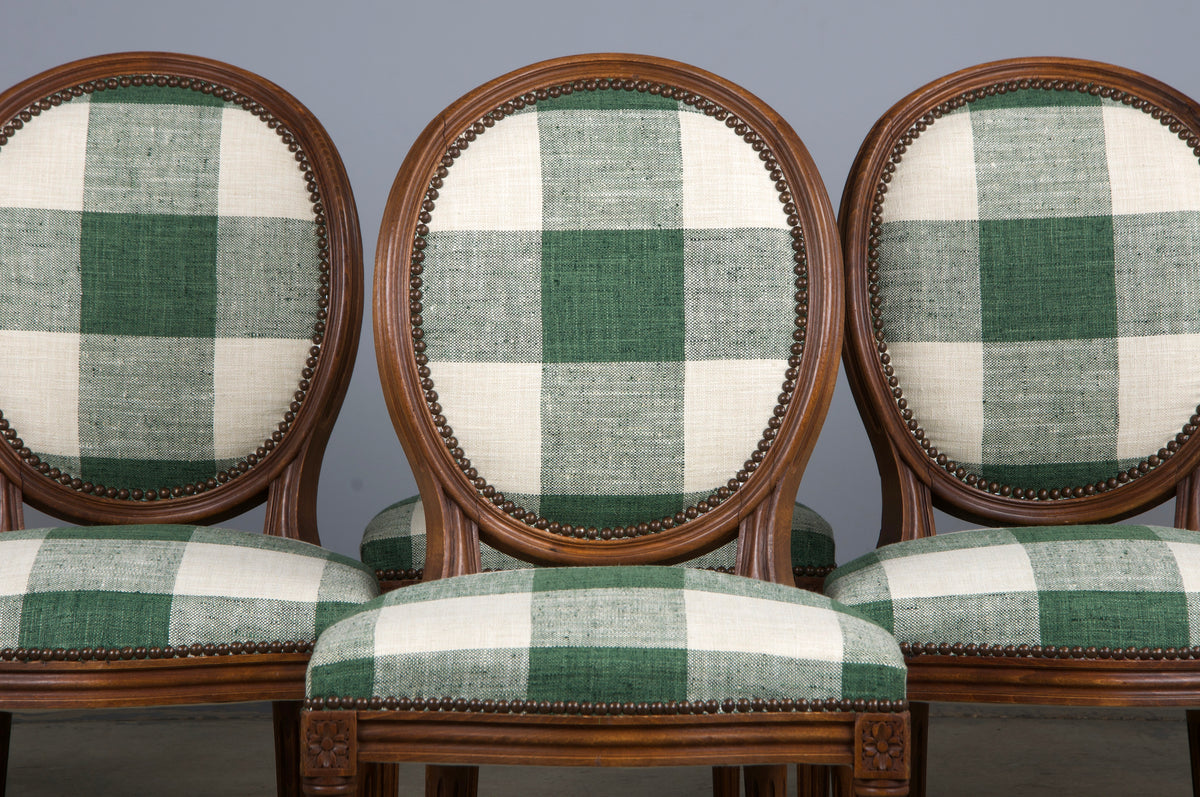 French Louis XVI Style Maple Dining Chairs W/ Green Plaid Fabric - Set of 6