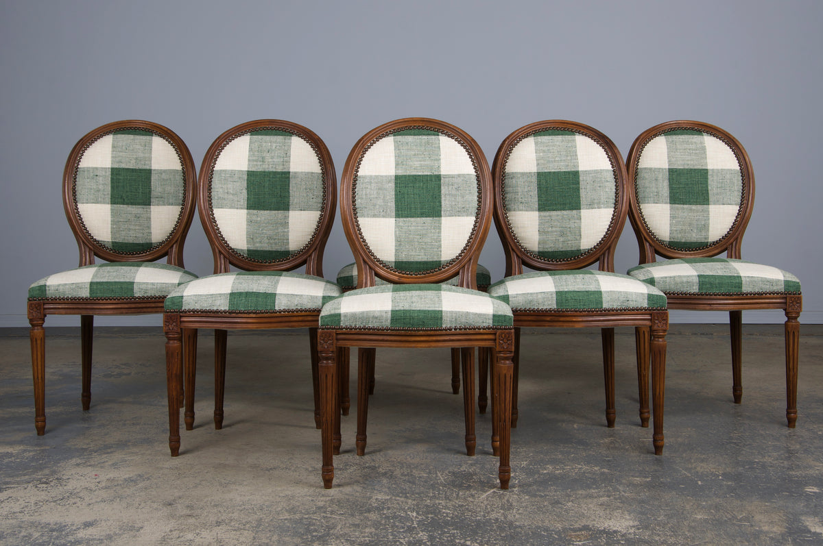 French Louis XVI Style Maple Dining Chairs W/ Green Plaid Fabric - Set of 6