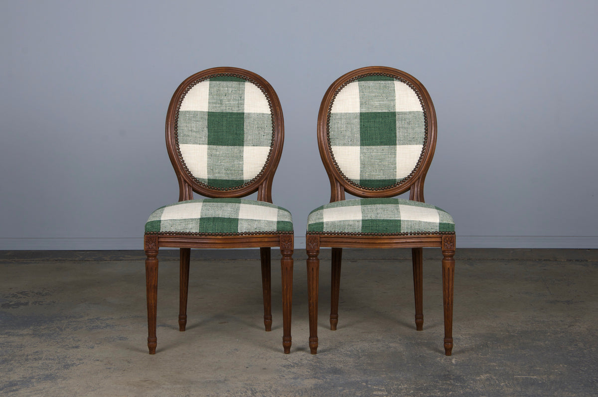 French Louis XVI Style Maple Dining Chairs W/ Green Plaid Fabric - Set of 6