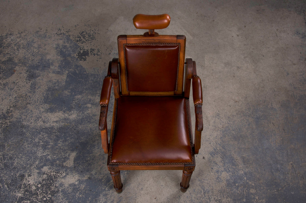 Antique French Louis XVI Style Oak Barber Chair W/ Brown Leather