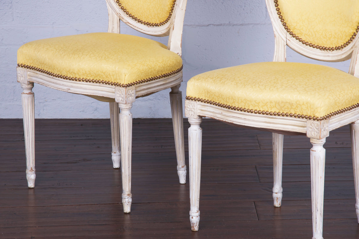 Antique French Louis XVI Painted Dining Chairs W/ Yellow Silk - Set of 4