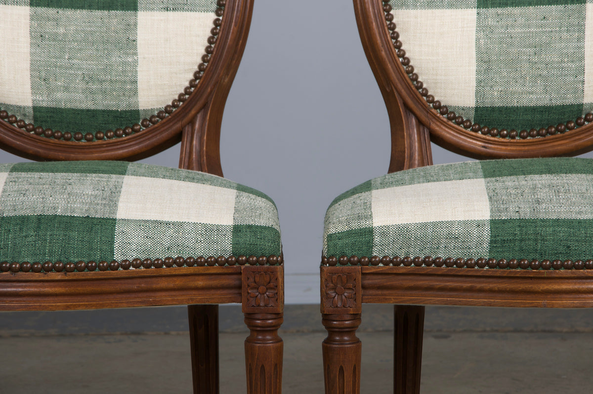 French Louis XVI Style Maple Dining Chairs W/ Green Plaid Fabric - Set of 6