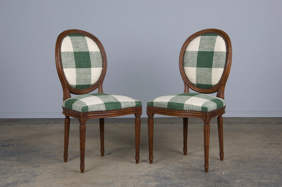 French Louis XVI Style Maple Dining Chairs W/ Green Plaid Fabric - Set of 6