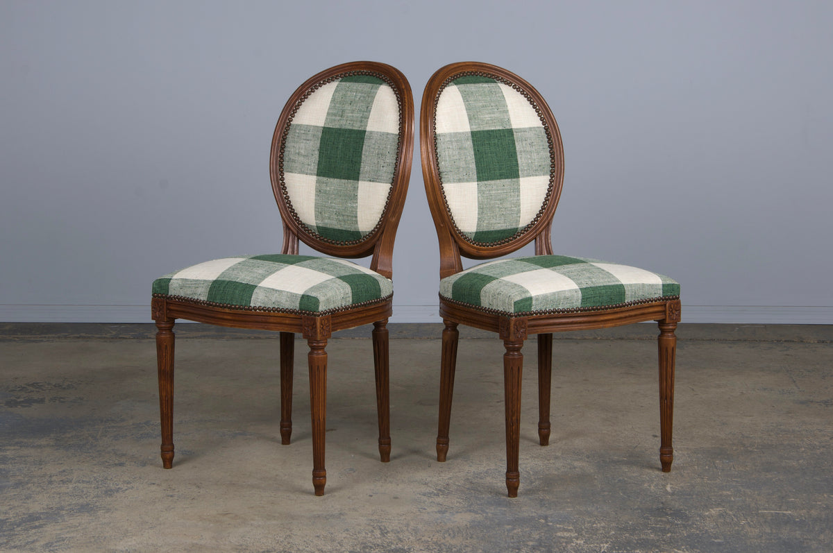 French Louis XVI Style Maple Dining Chairs W/ Green Plaid Fabric - Set of 6