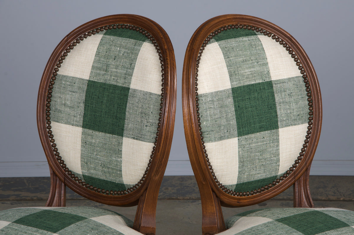 French Louis XVI Style Maple Dining Chairs W/ Green Plaid Fabric - Set of 6