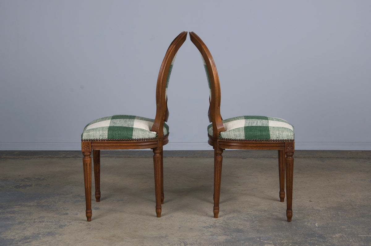 French Louis XVI Style Maple Dining Chairs W/ Green Plaid Fabric - Set of 6